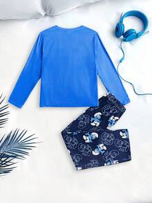 SHEIN X The Smurfs 2pcs Tween Boy Cartoon Sports Casual Blue Cute Cartoon Print Long Sleeve T-Shirt And Pants Pajama Set, Suitable For Autumn/Winter Fall