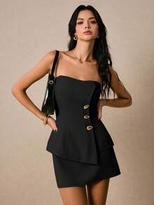 Poéselle Bộ đồ hai mảnh nữ cài nút kim loại, cổ áo bất đối xứng, váy thanh lịch, áo ống cài nút kim loại và chân váy cơ bản 2 món/bộ, áo nịt ngực màu trơn và chân váy ngắn, bộ đồ hai mảnh cho nữ, trang phục sinh nhật cho nữ, bộ trang phục cho nữ, bộ đồ hai mảnh, váy, trang phục hai mảnh mùa hè, trang phục hòa nhạc đồng quê, trang phục dạo phố, trang phục đi chơi cho nữ - màu đen - Xem 8