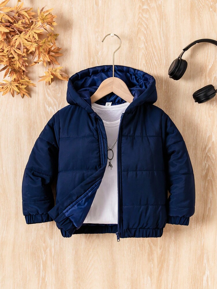 幼儿男童纯色简约连帽长袖棉衣，休闲日常穿着 - 藏蓝色 - 查看 3