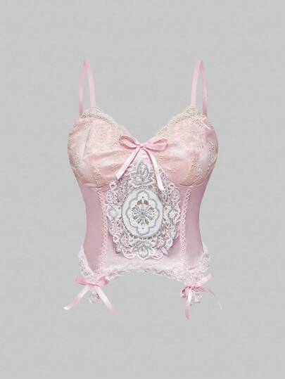 EDITION Women's Vintage Palace Romantic Minimalist Sexy Lace Contrast Satin Lace Trim Bow Bralette Camisole