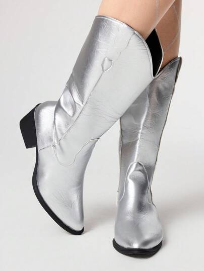 Grunge Punk Stivali western da donna con punta affusolata, taglio a V in stile gotico punk rock, argento, tacco chunky, stivali da cavallerizza, adatti per Ognissanti