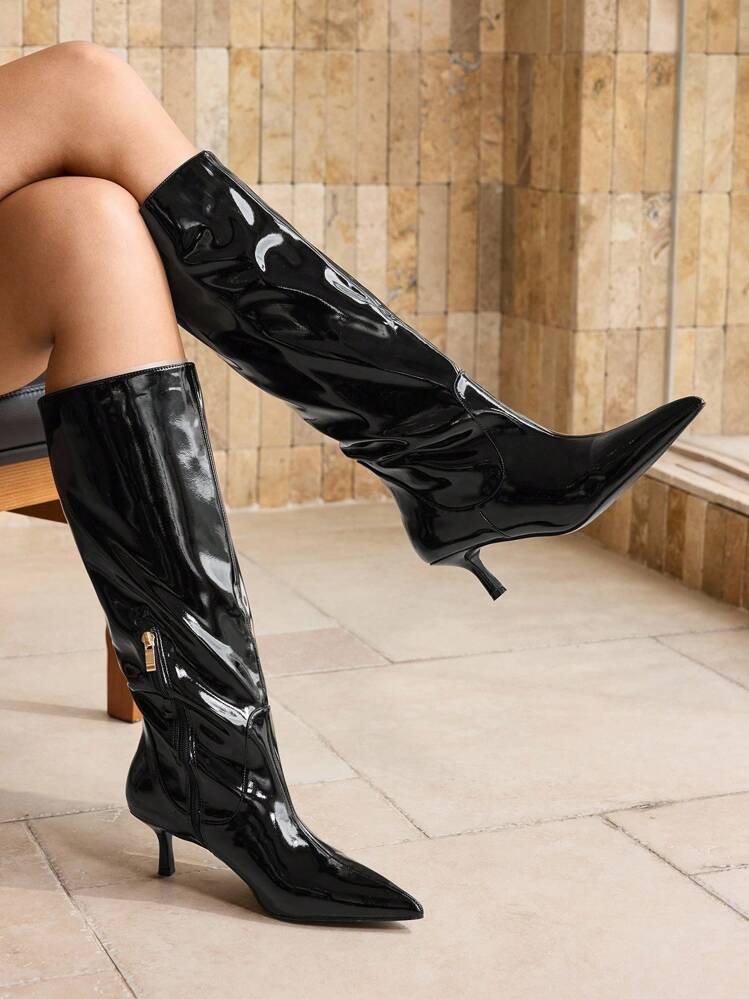 MOTF PREMIUM 尖头高跟及膝靴 - 黑色 - 查看 2