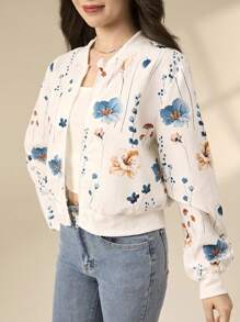 少女优雅花卉印花拉链短款休闲夹克外套