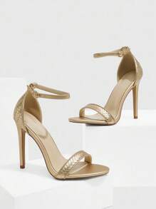 CUCCOO SZL Women's Summer New Strap Woven Metallic Color Fashion Thin High-Heel Sandals - Gold - View 3