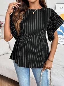SHEIN Pregnant Women's Round Neck Cap Sleeve Ruffle Striped Casual T-Shirt, Summer - Black - View 6