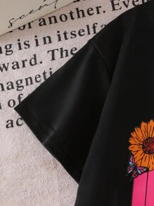 SHEIN 返校季铅笔画印花女童可爱时尚黑色短袖印花上衣搭配舒适格子短款T恤套装，春夏女童夏季服装，女童格子套装，女童方格套装，女童短袖套装，夏季女童服装 - 黑色 - 查看 5