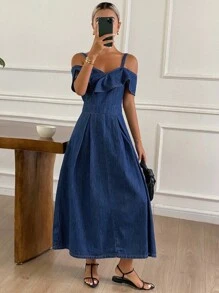 DAZY 女士牛仔荷叶边露肩牛仔连衣裙 - 深色水洗藍 - 查看 3