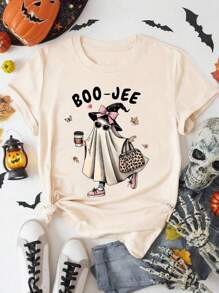 ReShift Women's Plus Size Round Neck Short Sleeved Halloween T-Shirt, Printed With Ghosts And Slogans, Can Be Worn All Year Round - Apricot - View 5