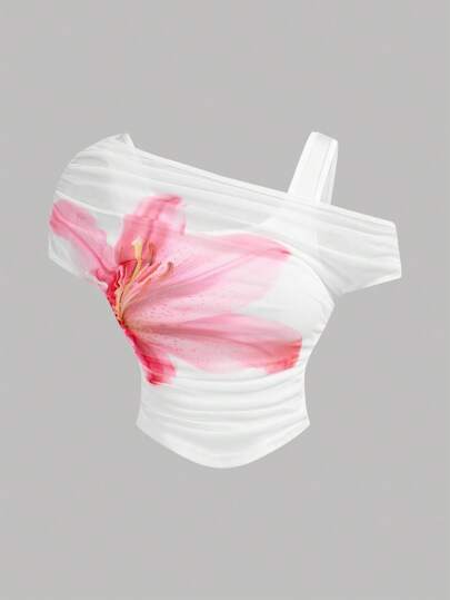 Girlism T-shirt med blommig mesh för tweenflickor, fest, vardag, examen, skolstart, semester, festival, lunch,