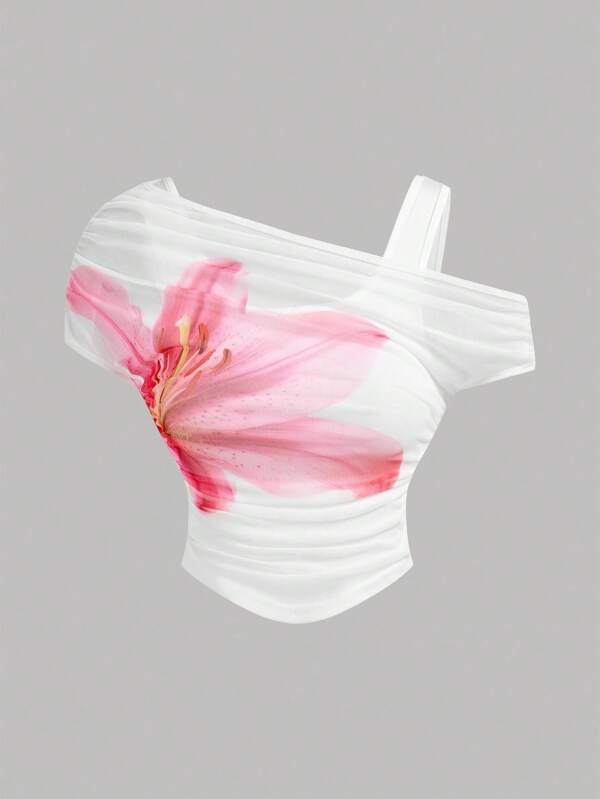 Girlism Tween Girls White Cold Shoulder T-Shirt With Pink Floral Mesh Design For Vacations Flower Top Cute Tops Floral Top Lily Top Tube Top