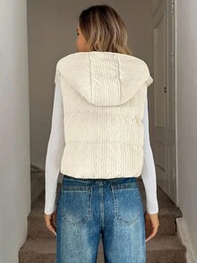 Easowa 前拉链连帽纹理无袖夹克，休闲宽松通勤复古风格棉服外套，女士羽绒背心，粗针织背心，秋冬连帽背心 - 杏色 - 查看 2