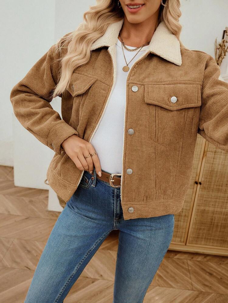 EMERY ROSE Women's Casual Corduroy Regular Jacket, Autumn/Winter Corduroy Jacket Women Fall Jackets For Women Brown Jacket Women Jackets - Brown - View 8