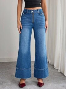 Elenzga Women's Casual Washed Wide Leg Jeans - Blue - View 1