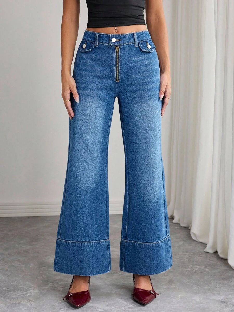 Elenzga Women's Casual Washed Wide Leg Jeans - Blue - View 1