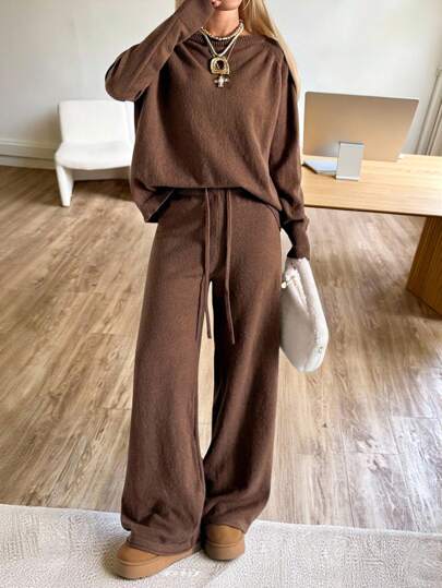 CovetEZ Women's Coffee Brown Autumn Casual Lounge Two Piece Set, Old Money Solid Round Neck Raglan Long Sleeve Sweater And Drawstring Waist Knit Pants Suit