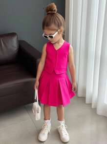 SHEIN 2pcs Woven Solid Top & Skirt Set For Young Girls - Hot Pink - View 7