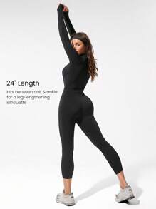 GLOWMODE 24 英寸 FeatherFit™-Air Glow Giver 柔软透气吸汗前拉链罗纹侧板轮廓接缝拇指孔深 V 形后背接缝可拆卸罩杯长袖连体衣低冲击日常运动服 - 黑色 - 查看 3