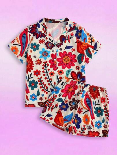 少女花卉印花翻领短袖短裤睡衣套装