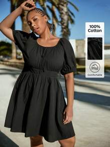 Maija Women's Plus Size Solid Black Short Sleeve Dress,Bohemian Holiday Style Summer Vacation Outfits,Smart Casual Wedding Guest Graduation Dress - Black - View 1
