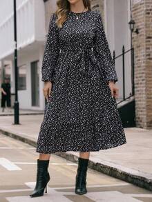 EMERY ROSE Ditsy Floral Keyhole Back Bishop Sleeve Ruffle Hem Belted Dress Maxi Women Outfit - Black - View 5