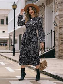 EMERY ROSE Ditsy Floral Keyhole Back Bishop Sleeve Ruffle Hem Belted Dress Maxi Women Outfit - Black - View 6
