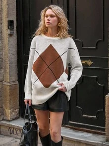 EURMUSE Women's Geometric Pattern Round Neck Drop Shoulder Long Sleeve Loose Casual Sweater,Jumper,Cream Jumper,Jumpers,Black Jumper,Womens Jumper,White Jumper,Women's Jumper,Women's Jumpers,Winter Clothes - Beige - View 5