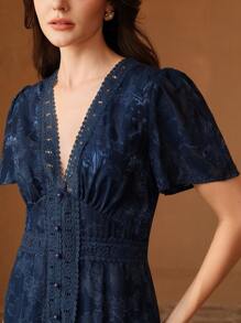 Anewsta 女装春夏音乐节波西米亚短袖蕾丝拼接蓝色优雅连衣裙 - 藏蓝色 - 查看 6