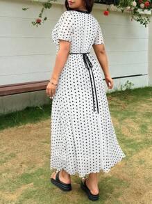 SHEIN EZwear 大码波尔卡圆点印花蕾丝边休闲连衣裙 - 白色 - 查看 2