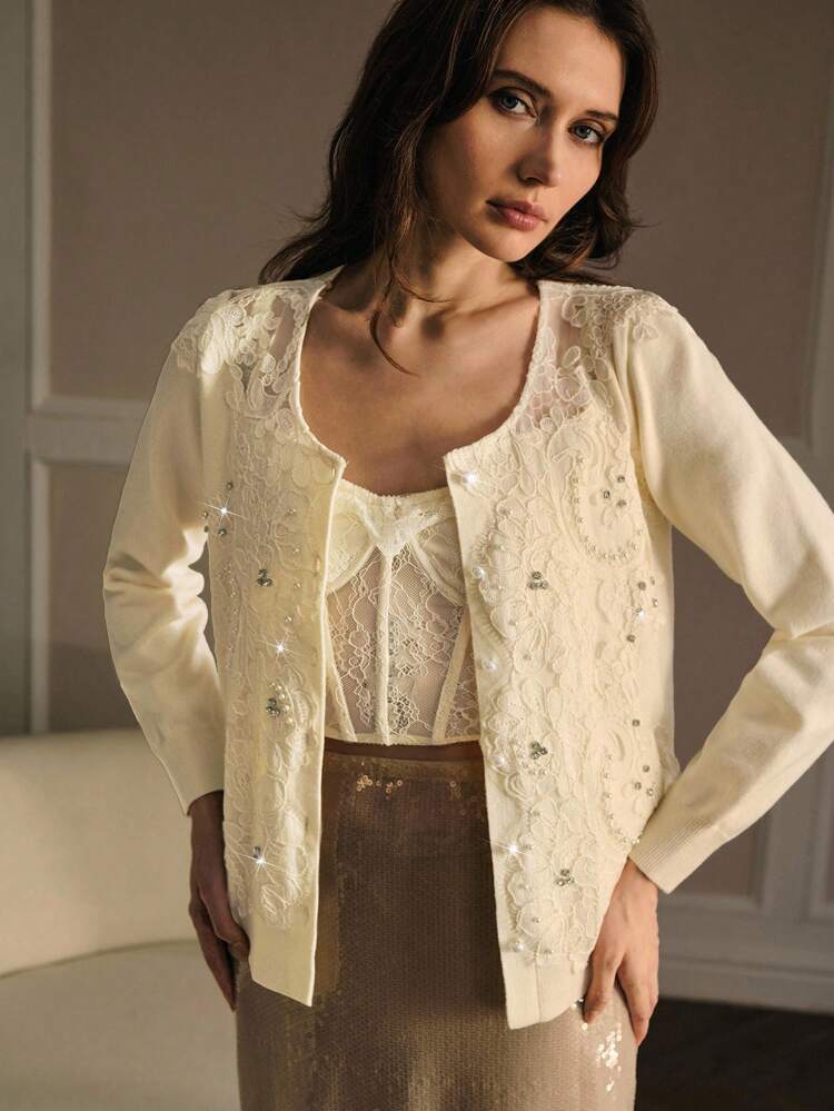 EMBROIDERY RHINESTONE CARDIGAN