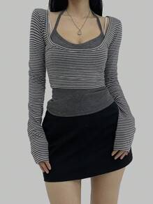 DAZY Gestreiftes kurzes Langarm-T-Shirt mit Trägerhals und schulterfreiem engen Träger-Top, Herbst