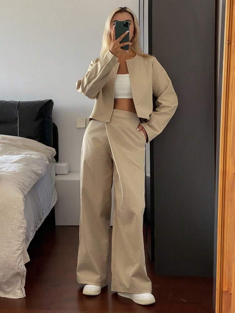 2pcs Set: Collarless Blazer & Wide Leg Pants,Fall Women Clothes