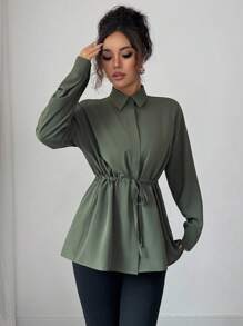 SHEIN Elenzya Women's Elegant French Office Commute Street Snap Utility Shirt, Featuring Shirt Collar, Front Placket, Waist Drawstring, Bowknot, Long Sleeve, Suitable For Spring, Autumn And Winter - Army Green - View 3