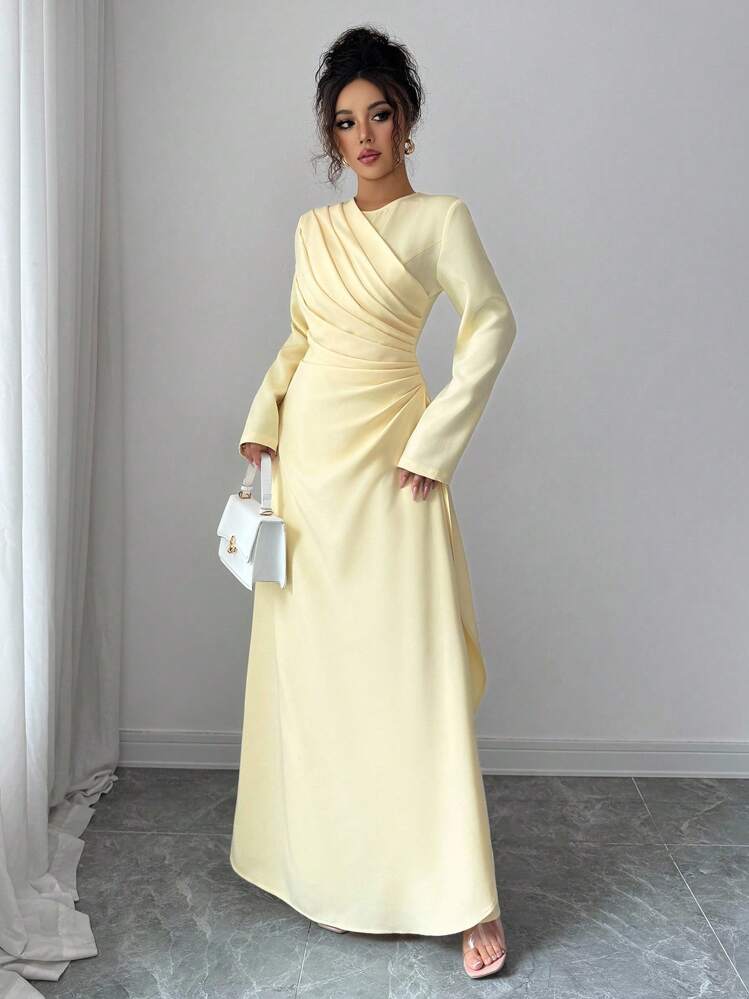 Elenzga فستان ماكسي أنيق للنساء بأكمام طويلة وياقة مستديرة وخصر منتفخ وطيات، لارتداء في المناسبات الرسمية والعمل والعطلات والحفلات والأسلوب الكلاسيكي، باللون الأصفر الفاتح - Butter Yellow - مشاهدة 4