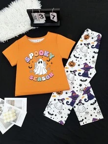 Conjunto de pijama de pantalón y manga corta con estampado de dibujos animados naranja de Halloween para niñas pequeñas - Multicolor - Ver 1