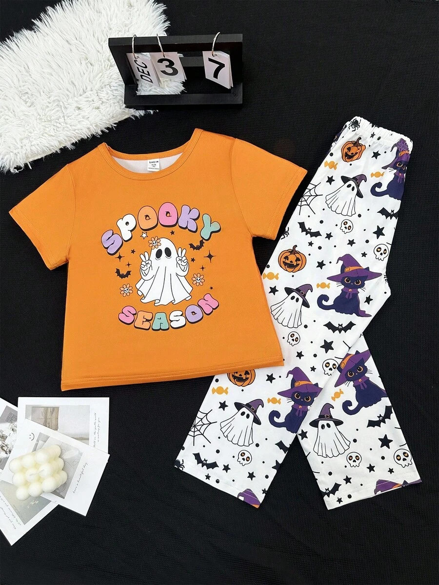 Conjunto de pijama de pantalón y manga corta con estampado de dibujos animados naranja de Halloween para niñas pequeñas - Multicolor - Ver 1