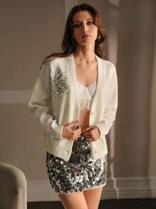 MOTF PREMIUM CÁRDIGAN OVERSIZE CON HOMBROS CAÍDOS, DETALLES DE LENTEJUELAS Y CUENTAS EN CONTRASTE - Albaricoque - Ver 8