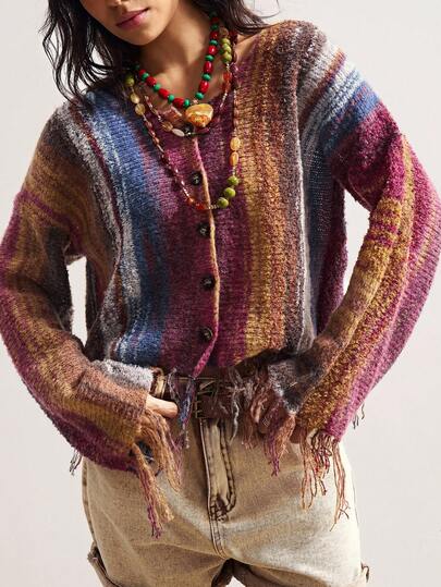 Bohemela Women's Casual Ombre Striped Fringe Hem Cardigan, Suitable For Autumn, Halloween, Christmas,Fall