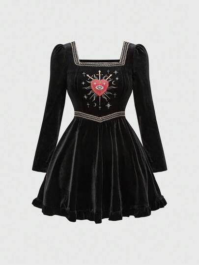 Goth Vintage Gothic Dark Heart & Eye Embroidery Velvet Long Sleeve Dress, Halloween