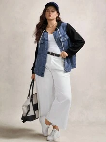 SHEIN LUNE Plus Size Two Tone Denim Jacket With Hood Winter Fall Autumn Black - Baby Blue - View 4