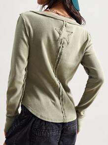 Bohemela Áo thun dệt trơn cổ điển dành cho nữ, phong cách Bohemian giản dị ngày độc lập, mùa thu - xanh quân đội - Xem 7