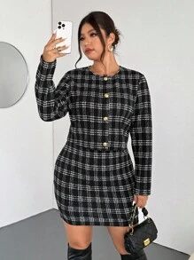 Firerie 復古格紋黑白兩件套大尺碼女裝，無袖緊身短洋裝搭配寬鬆背心，優雅半正式秋季辦公穿搭 - 黑與白 - 查看 7