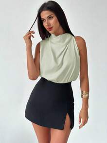 Firerie 女士优雅时尚新款通勤办公室日常度假音乐节不对称褶皱杏色衬衫，春夏 - 薄荷藍 - 查看 4