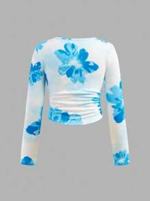 SHEIN 青少年女孩蓝色休闲花卉印花长袖锁眼腰部褶饰紧身连衣裙（含短裙）两件套 - 藍色 - 查看 6