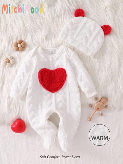 Baby Girl Autumn/Winter Quilted Heart Graphic Long Sleeve Fleece Lined Romper With Hat All-In-One Outfit Pajamas Set Home All White Lounge Night Cute