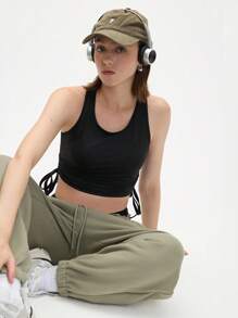 Gameset SHEIN Sport Women's Black Drawstring Cropped Fitness Tank Top - Black - View 7