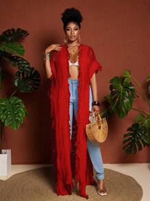 Maweii 大码女式毛衣女士时尚度假流苏镂空超长开衫白色优雅 - 紅色 - 查看 6