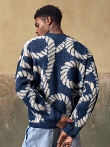 AKNOTIC Men's Casual Fashion - Loose Button - Cardigan Sweater - Contrast Jacquard - Machine Washable Or Dry Clean - Suitable For Autumn/Winter - Navy Blue - View 5