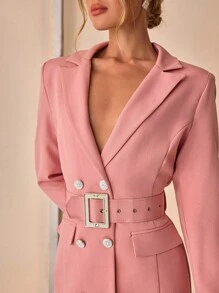 Women, Autumn, Jacket, Long Sleeve, Pink, Pocket, Belted, Button, Casual - Pink - View 5