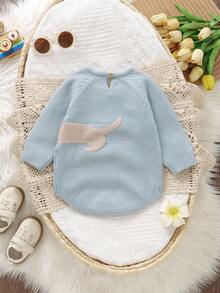 SHEIN 1 件蓝色男婴连体衣，可爱小狗提花图案，圆领长袖连体衣