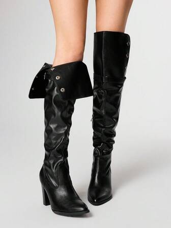 Grunge Punk Stivali alti da donna con punta affusolata e tacco alto, nuovi per l'autunno/inverno 2025, versatili con tacco spesso, fibbia e colletto arrotolato